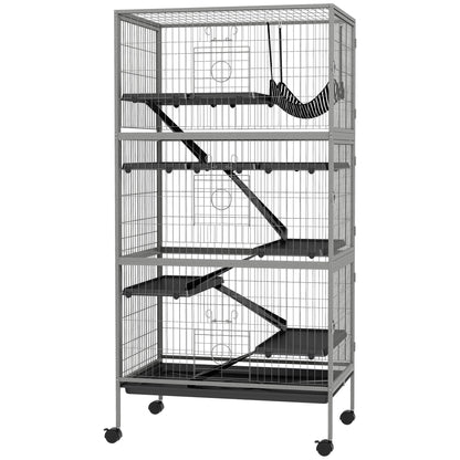 63" H Rolling Small Animal Cage with Hammock, Ferret Cage, Chinchilla Cage, Pet Habitat with 6 Doors, Removable Tray