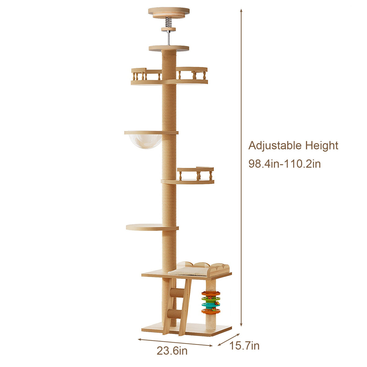 Adjustable Height Floor-to-Ceiling Cat Tree Made of MDF Board, Tall Cat Tower with Sisal Scratching Post, Bubble Window Perch, Ladder & Rotatable Toy Balls for Indoor Cats