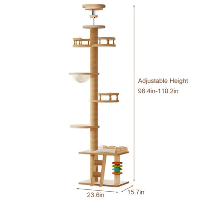 Adjustable Height Floor-to-Ceiling Cat Tree Made of MDF Board, Tall Cat Tower with Sisal Scratching Post, Bubble Window Perch, Ladder & Rotatable Toy Balls for Indoor Cats