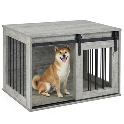 31.5" Dog Crate Furniture With Sliding Barn Door, Wooden Dog Kennel End Table For Indoor Use - Gray