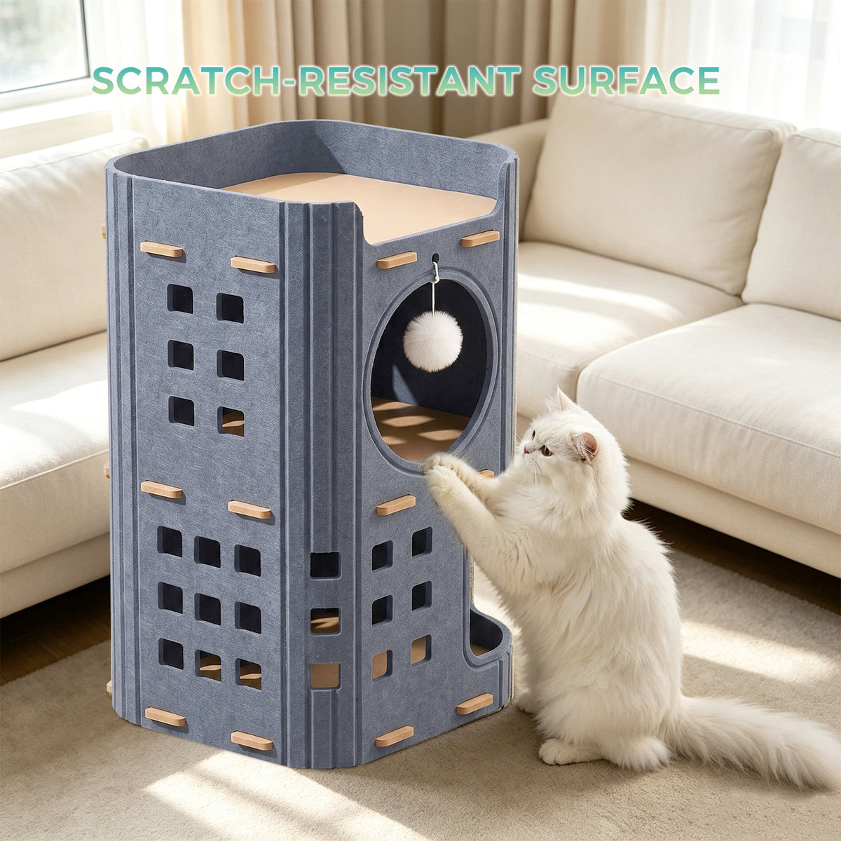 3-Tier Felt Cat Tower House, Multi Level Cat Cave Condo, Indoor Stackable Cat Hideaway Shelter With Hanging Toy Ball