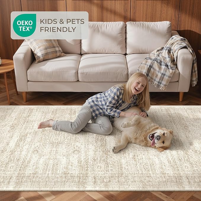 2x7 Runner Rug Non Slip, Thin Entryway Washable Rug for Entryway, Runners for Hallways, Low Pile Vintage Abstract Soft Rugs for Living Room, Kitchen, Bedroom(2'x7', Beige/Ivory)