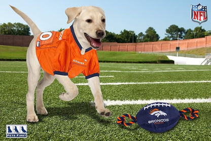 NFL Denver Broncos PET GIFT BOX with 2 Licensed DOG TOYS, 1 Logo-engraved NATURAL DOG TREAT, 1 NFL JERSEY, 1 NFL Puppy Training Bells & 1 Car Seatbelt