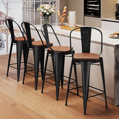 Aklaus Swivel Metal Bar Stools with Backs Counter Stools Set of 4 Counter Height Stools High Back Bar Chairs 24 Inch Barstools Farmhouse Matte Black