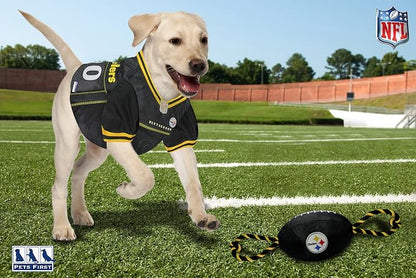 NFL Pittsburgh Steelers PET GIFT BOX with 2 Licensed DOG TOYS, 1 Logo-engraved NATURAL DOG TREAT, 1 NFL JERSEY, 1 NFL Puppy Training Bells & 1 Car Seatbelt