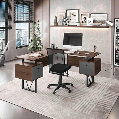Techni Mobili Reversible L Shaped Desk with File Cabinet and Drawers 59” W – Modern Versatile L Shaped Office Desk with Drawers and File Cabinet - Brown
