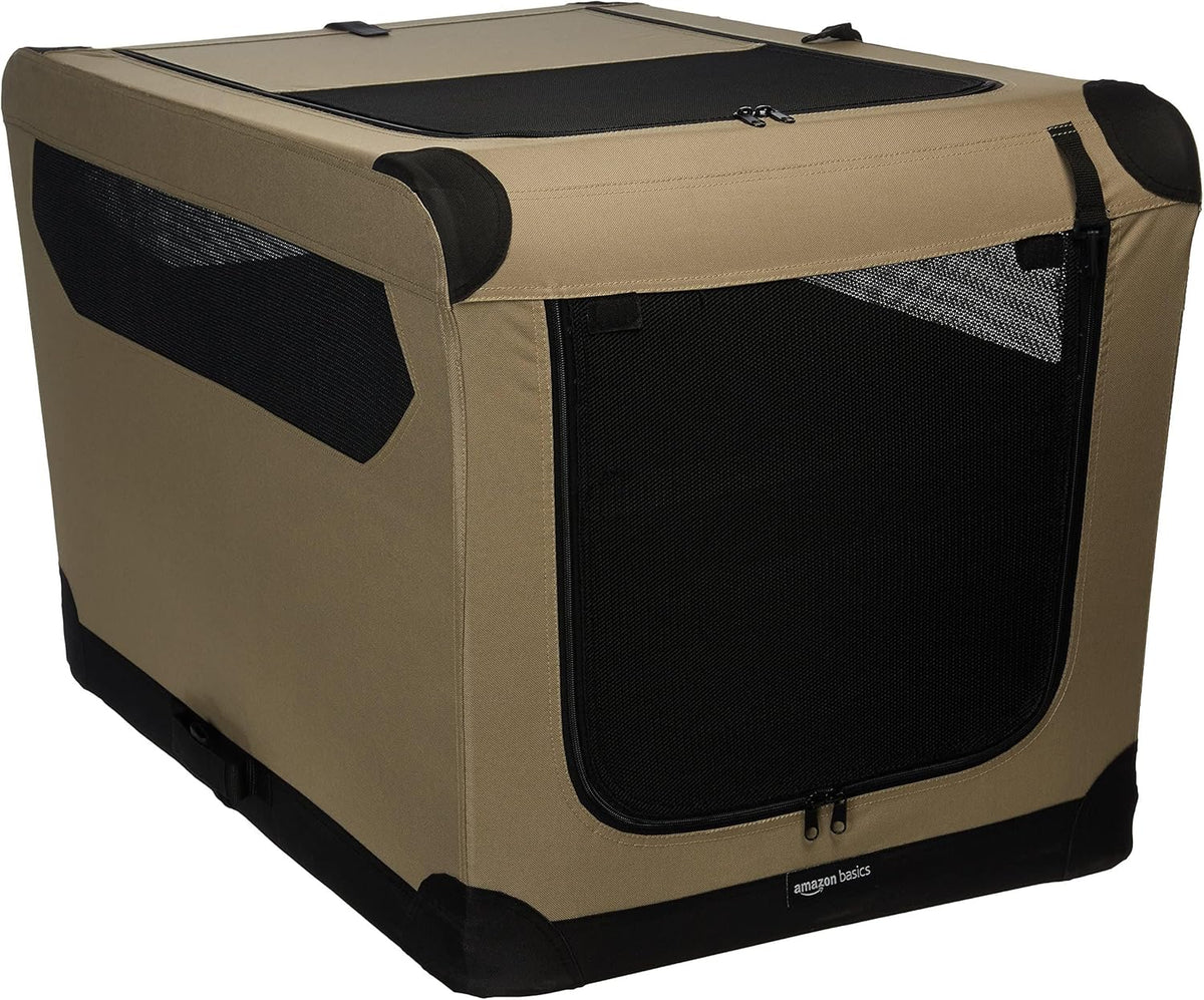 Amazon Basics Folding Soft Crate for Cat, Dog, Rabbit, Portable and Collapsible, 36 Inch, Tan, L 36" x 24" x 24"