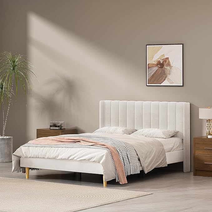 Queen Size Upholstered Platform Bed Frame with Modern Wingback & Vertical Panel Headboard, Velvet Fabric, Wooden Legs & Slats Support, No Box Spring Needed, Noise-Free & Easy Assembly, Cream