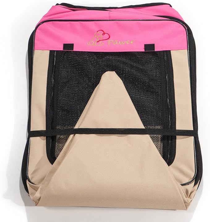 Pawer 45”×24” 8-Panel Foldable Pet Playpen, Hot Pink+Beige, Personalize Embroidery Extra Fabric Piece Available, for Cat/Dog/Puppy, 600D Oxford Cloth Portable Indoor & Outdoor Kennel with Carry Bag