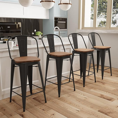Aklaus Swivel Metal Bar Stools Set of 4 Counter Height Stools Counter Bar Stools with Back Swivel Metal Bar Chairs Wooded Seat 26 Inch Matte Black barstools