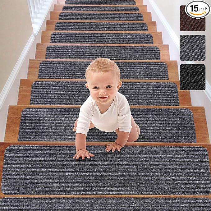 RIOLAND Stair Treads Carpet Non-Slip Indoor Stair Runners for Wooden Steps, Stair Rugs for Kids and Dogs, Set of 15, 8" X 30", Gray