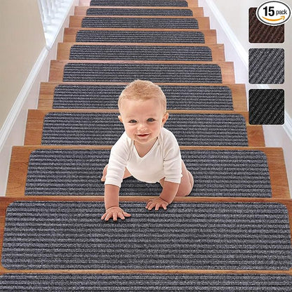 RIOLAND Stair Treads Carpet Non-Slip Indoor Stair Runners for Wooden Steps, Stair Rugs for Kids and Dogs, Set of 15, 8" X 30", Gray
