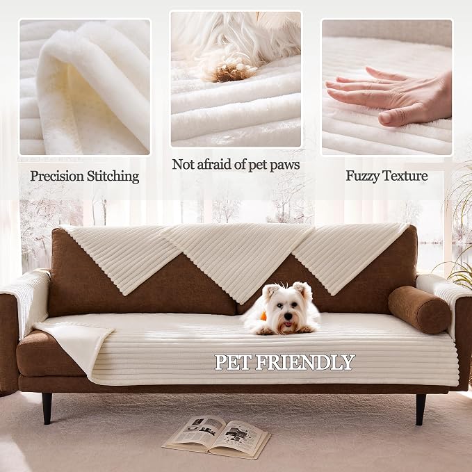 Waterproof Couch Cover for Dogs Non-Slip, Fuzzy Soft Pet Couch Covers for Sofa, Pet Friendly Area Rug Dog Bed Covers Washable Sofa Cover Mat (White, 58" x 82" 1 Pack)