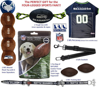NFL Seattle Seahawks PET GIFT BOX with 2 Licensed DOG TOYS, 1 Logo-engraved NATURAL DOG TREAT, 1 NFL JERSEY, 1 NFL Puppy Training Bells & 1 Car Seatbelt