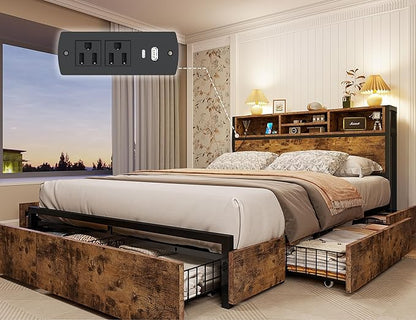 EnHomee Full Size Bed Frame with 6 Storage Drawers Full Bed Frame with Headboard, with Charging Station, No Noise, No Box Springs Needed, Vintage Brown