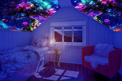 dueeia Blacklight Tree Life Tapestry Wall Hanging Fantasy Black Light Glow in the Dark Uv Mushroom Tapestries for Bedroom Aesthetic Living Room Wall Decor (90.6"x70.9")