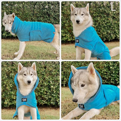 Tuff Pupper Fast Drying Dog Bath Robe | 800 GSM Plush Dog Towel Bathrobe/Dressing Gown | Super Absorbent Pet/Puppy Bathrobe | Adjustable Hood & Belly Strap | Super Soft | Fast Drying (L, Blue)