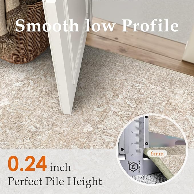 2x8 Runner Rug Washable Beige Vintage Hallway Kitchen Carpet Indoor Non Slip Small Low Plie Thin Bedroom Bathroom Rug Retro Accent Throw Dining Living Room
