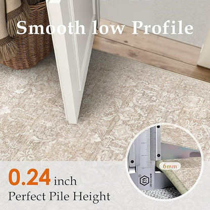 2x8 Runner Rug Washable Beige Vintage Hallway Kitchen Carpet Indoor Non Slip Small Low Plie Thin Bedroom Bathroom Rug Retro Accent Throw Dining Living Room