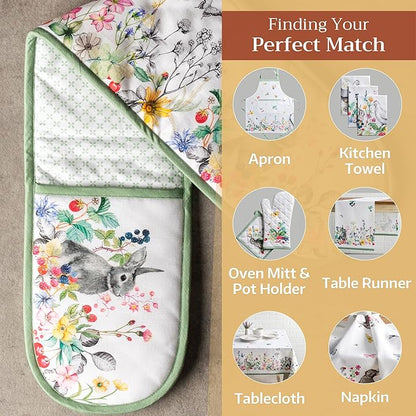 Maison d' Hermine Double Oven Mitts 100% Cotton 7"x35" Double Oven Mitt Heat Resistant BBQ Cooking Gloves with Loop, Baking, Grilling, Home, Kitchen, Handling Hot Pans Spring Summer (Printemps)