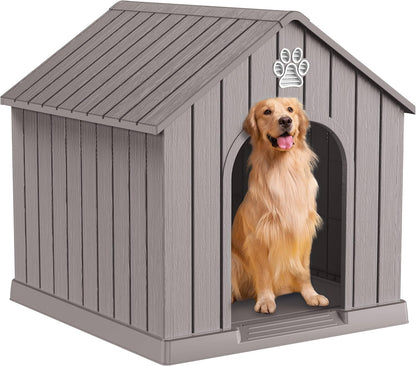 Vixzen Large Outdoor Dog House,Durable Water Resistant Resin Dog House,Doghouse for Small to Large Dogs Indoor or Outside,with Openable Windows and Elevated Floor,Gray
