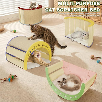 Cat Scratcher Bed, 3 in 1 Design-Bed, Scratcher, Hideaway Cave | with Elevated Sisal Pad & Reversible Fleece Mat,Sturdy HDPE Lounge for Indoor Cats, Tool-Free 30s Assembly, Supports 30 lbs