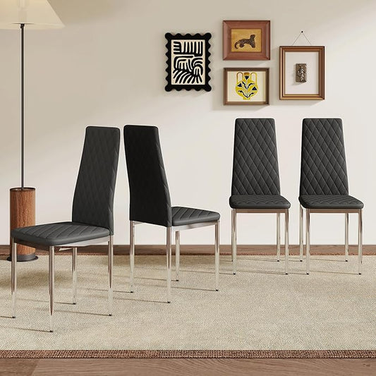 JT Modern Minimalist Dining Chair Fireproof Leather Sprayed Metal Pipe Diamond Grid Pattern Restaurant Home Conference Chair Set of 4 Or 6 (4, Black-Silver)