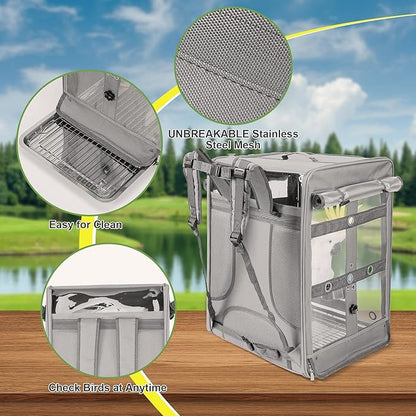 Suertree Bird Carrier Travel Cage, Cockatoo Carrier, Parrot Travel Backpack with Unbreakable Stainless Steel Mesh, Perch, Water Bottle and Food Bowl, X-Large Grey