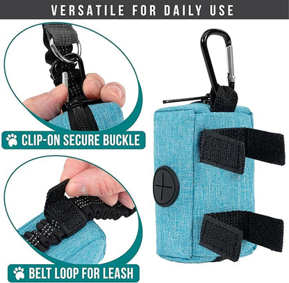 PetAmi Dog Poop Bag Holder for Leash Attachment, Doggie Zipper Pouch Soft Fabric Poop Bag Carrier, Dog Pet Waste Bag Dispenser with Carabiner Clip, 1 Roll of Dog Trash Bag (Blue, 1 Pack)
