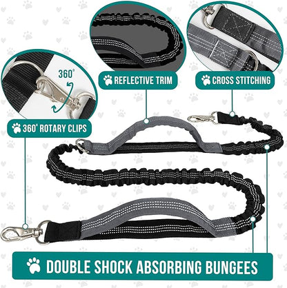 PetAmi Hands Free Dog Leash, Dog Running Leash Belt Bag for Walking, Jogging, Dog Waist Double Zipper Pouch with Poop Bag Dispenser, Dual Padded Handles Reflective Bungee Leash, Double (Turquoise)