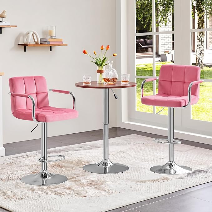 Yaheetech Bar Stools Set of 4, Velvet Fabric Swivel Barstools, Height Adjustable Counter Chairs, Modern Stools with Back for Bar Kitchen Island Dining Room, Pink