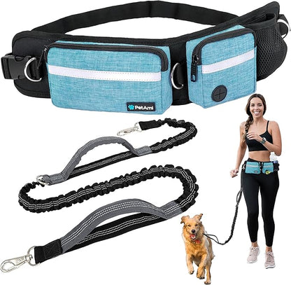 PetAmi Hands Free Dog Leash, Dog Running Leash Belt Bag for Walking, Jogging, Dog Waist Double Zipper Pouch with Poop Bag Dispenser, Dual Padded Handles Reflective Bungee Leash, Single (Turquoise)