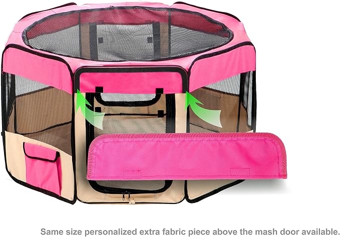 Pawer 45”×24” 8-Panel Foldable Pet Playpen, Hot Pink+Beige, Personalize Embroidery Extra Fabric Piece Available, for Cat/Dog/Puppy, 600D Oxford Cloth Portable Indoor & Outdoor Kennel with Carry Bag