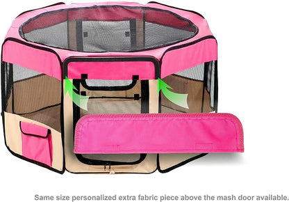 Pawer 45”×24” 8-Panel Foldable Pet Playpen, Hot Pink+Beige, Personalize Embroidery Extra Fabric Piece Available, for Cat/Dog/Puppy, 600D Oxford Cloth Portable Indoor & Outdoor Kennel with Carry Bag