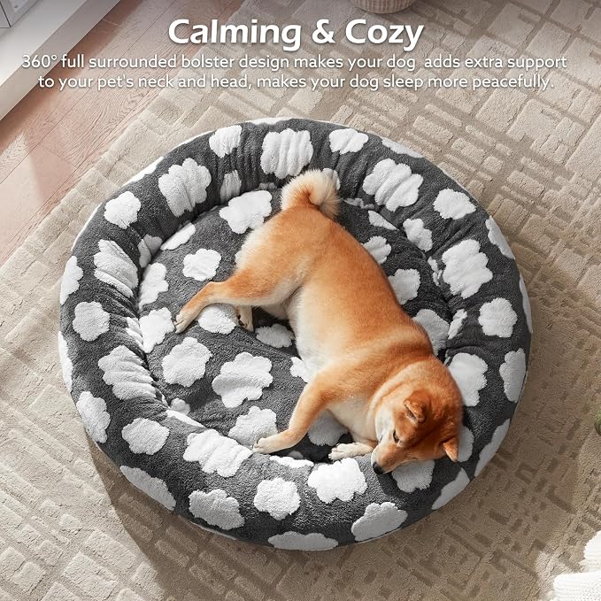 JOEJOY Jacquard Donut Round Small Dog Beds,Grey 23x23x8in, Removable Washable Cover, Cute Pattern, Ultra Soft Fluffy Calming Pet Bed with Thick Supportive Bolster