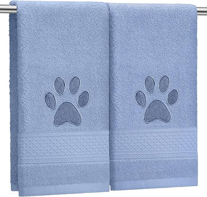 2 Pcs Dog Paw Hand Towels Blue Bathroom Decor 13 x 29 Inch 100% Cotton Embroidered Hand Towels Soft Absorbent Farmhouse for Kitchen Restroom