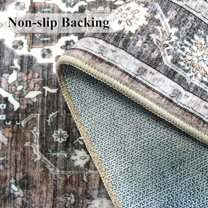 Washable 3x6 Hallway Area Rug: Vintage 6ft Water Resistant Soft Runner Rug for Entryway Kitchen Non Slip Wide Low Pile Carpet for Living Room Bedroom Thin Floor Mat for Bathroom Dining Room(Brown,3x6)