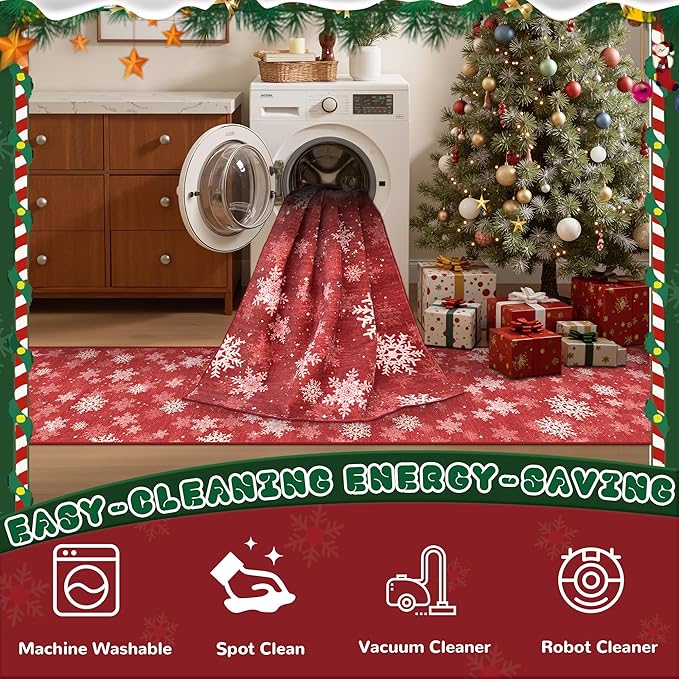 3x8 Runner Rug Non Slip for Hallway, Washable Christmas Rugs for Living Room, Ultra-Thin Snowflake Bathroom Rug Runner, Soft Red and White Christmas Decor Indoor(3'x8', Red/White)