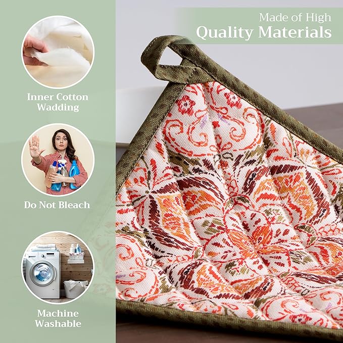 Maison d' Hermine Pot Holders Set 100% Cotton Heat Resistant Potholders 8" x 8" Hot Pads with Loop for Thanksgiving Christmas Decorations BBQ Cooking Baking Handling Hot Pans (Pack of 2, Damask)