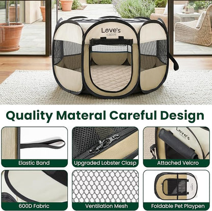 Love's cabin Dog Playpen with Washable Pee Pad, Puppy Pet Cat Playpen Small Dogs Tent Crate Indoor/Outdoor, Portable Pop Up Kennel with Carrying Case for Cats/Rabbits(Khaki,Small with pad)