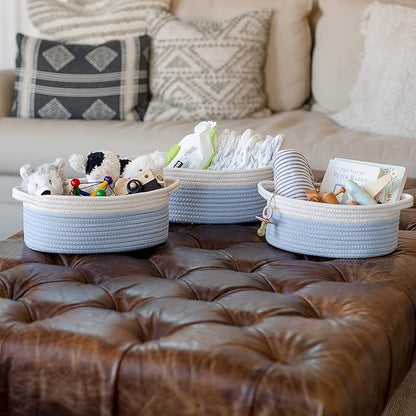 NaturalCozy 3-Piece Oval Storage Basket Set– Soft Natural Rope Woven Baskets for Storage Shelf, Toy, Nursery, Gift, Baby Shower, Pets Cat Dog Bins | Small Basket for Organizing (Off White & Blue)