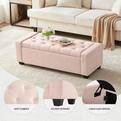 48" Ottoman with Storage, Pink Storage Ottoman Bench with Safety Hinge, Upholstered Entryway Bench with Seating for Bedroom, Living Room, Holds up to 330 lb