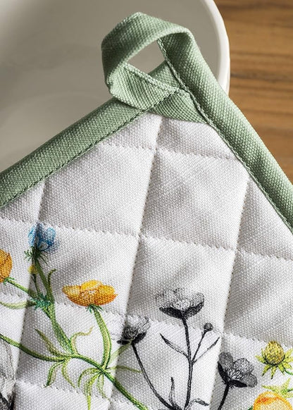 Maison d' Hermine Pot Holders Set 100% Cotton Heat Resistant Potholders 8" x 8" Hot Pads with Loop BBQ, Cooking, Baking, Grilling, Kitchen, Handling Hot Pans Spring/Summer (Pack of 2, Printemps)
