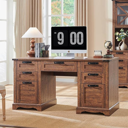 RedLemon 60" Farmhouse Executive Desk with Drawers, Wood Home Office Desk w/Charging Station, Keyboard Tray, File Drawer, Storage Cabinet, Rustic Computer Writing Desk (Reclaimed Barnwood)