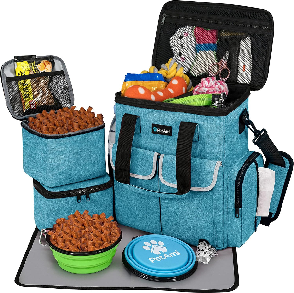 PetAmi Dog Travel Bag Pet Supplies Accessories Organizer for Traveling, Camping, Weekend; Cat Pet Travel Bag Kit Includes 2 Food Storage Containers, 2 Collapsible Bowls, 1 Feeding Mat (Teal Blue)