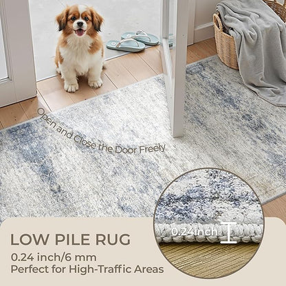 2x5 Rug Runner Washable for Entryway, Soft Bathroom Rugs with Non-Slip Backing, Abstract Low Pile Hallway Runner, Vintage Small Kitchen Carpet for Laundry Room(2'x5', Blue/Brown/Ivory)