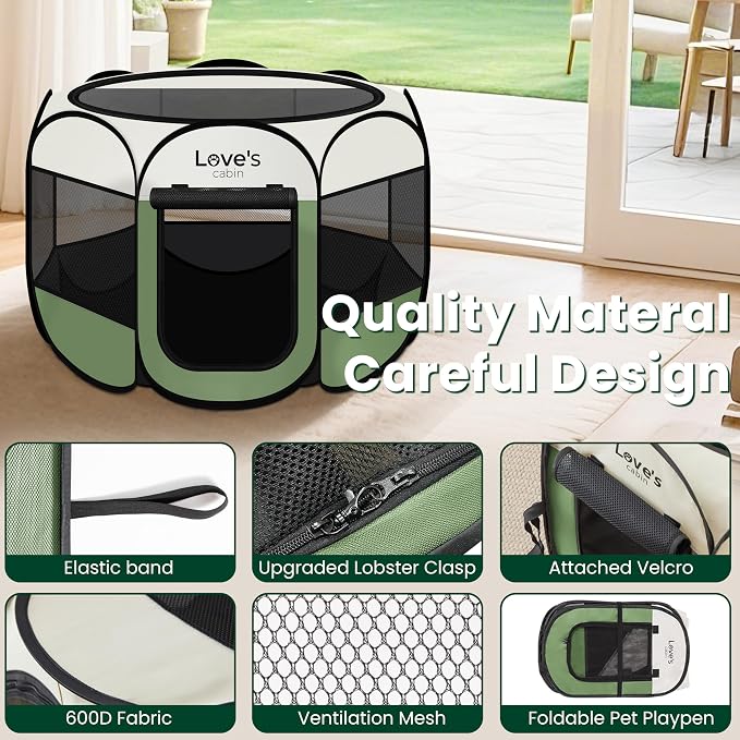 Love's cabin Pet Puppy Dog Playpen, Medium Dog Tent Crates Cage Indoor/Outdoor, Portable Playpen for Cat, Foldable Pop Up Dog Kennel Playpen with Carring Case, Removable Zipper Top, Olive Green