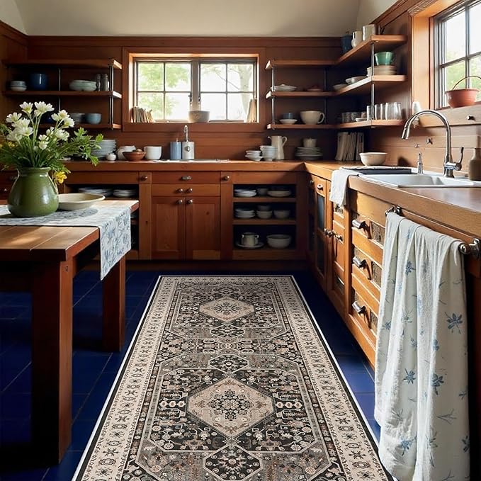 RUUGME 4x10 Washable Runner Rug - Vintage Hallway Rugs with Non Slip Backing Soft Kitchen Stain Resistant Living Room Bedroom Carpets Indoor Soft Floor Decoration Mat for Bathroom (4x10, Black)