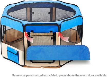 Pawer 45”×24” 8-Panel Foldable Pet Playpen, Blue+Beige, Personalize Embroidery Extra Fabric Piece Available, for Cat/Dog/Puppy, 600D Oxford Cloth Portable Indoor & Outdoor Kennel with Carry Bag