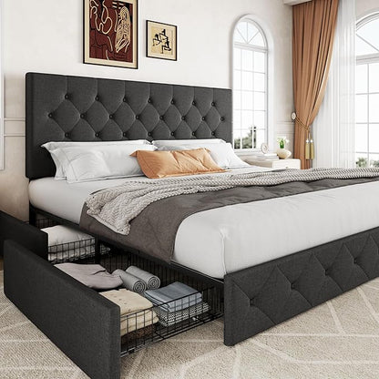Allewie Upholstered King Size Platform Bed Frame with 4 Storage Drawers and Headboard, Diamond Stitched Button Tufted, Mattress Foundation with Wooden Slats Support, No Box Spring Needed, Dark Grey